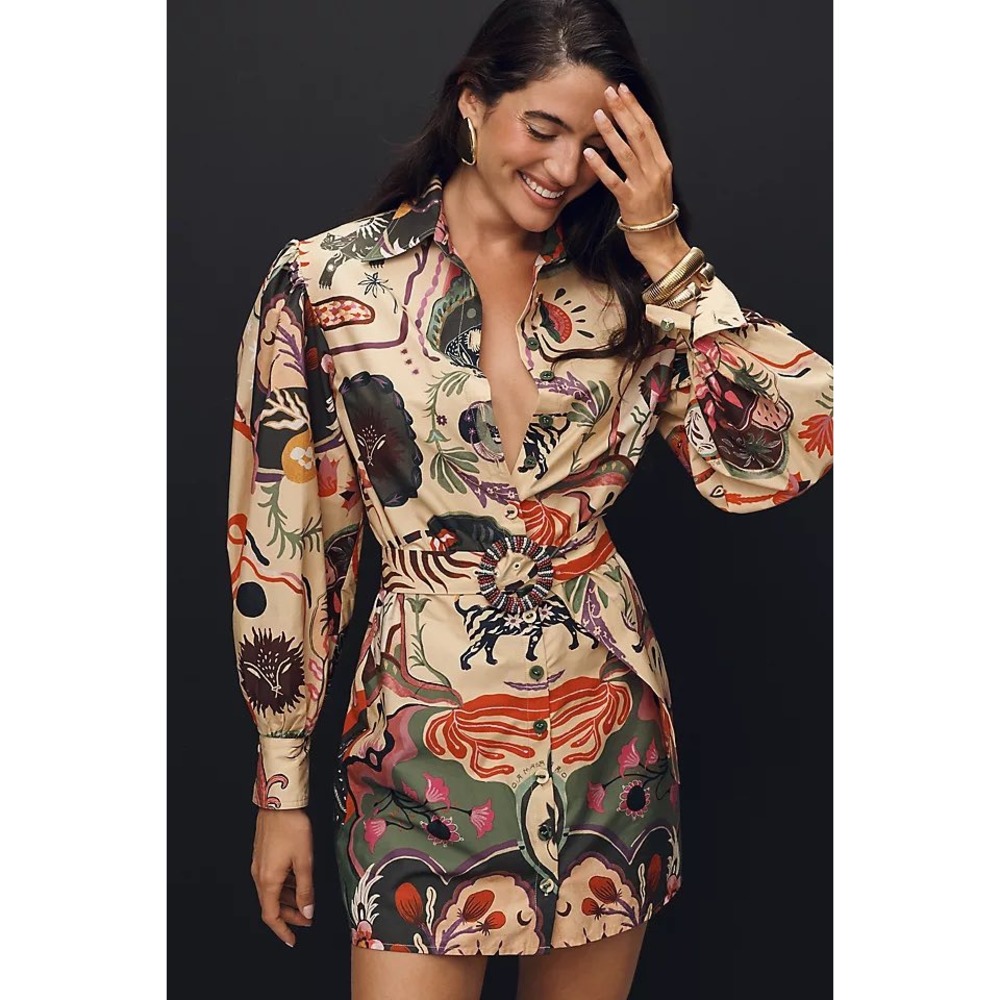 Farm Rio Surreal Belted Long Sleeve Mini Dress Artsy Land Beige M NEW